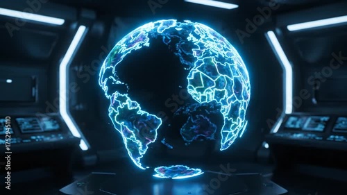 Glowing earth globe in futuristic interior with controls and screens