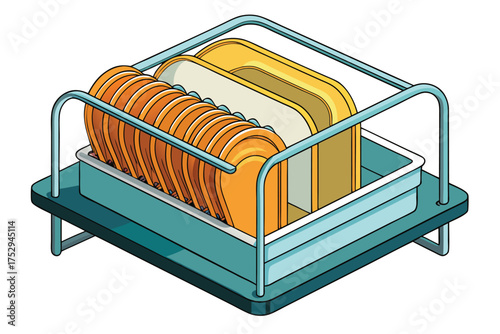 Stacked orange plates and yellow bread slices stand inside a light blue dish rack