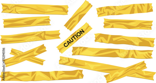 Collection of yellow caution tape strips, some with text, isolated on white background