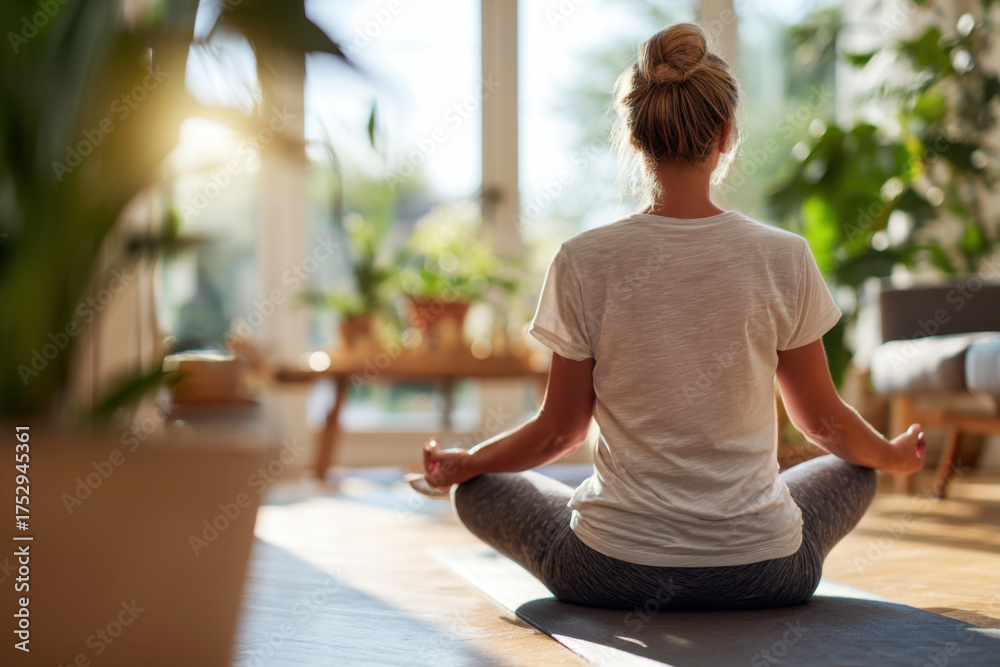 Fototapeta premium Woman Meditating in Sunlit Room with Plants