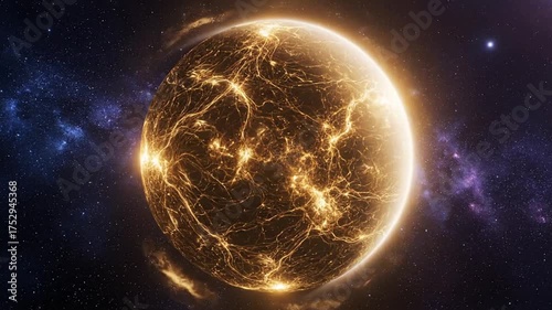 Abstract digital illustration of a glowing sphere in deep space