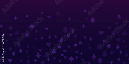 Casino background. Flying purple glowing playing cards on black background. Sparkling hearts, clubs, diamonds and spades on dark. Online gambling concept. VIP abstract vector illustration.