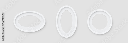 White round and oval photo frames set. Three empty frames in horizontal, vertical, and circular shapes with soft shadows. Classic wall decor mockup. Realistic vector illustration.