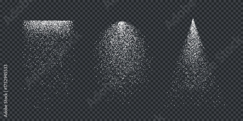 White glitter dust particles in vertical shapes on transparent. Falling light dots forming square, oval, cone silhouettes. Winter snowfall, holiday magic, sparkle effect. Vector illustrations set.