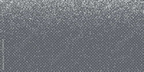 Silver glitter snow overlay on transparent background. Falling sparkle particles create festive shimmer effect for winter decorations, Christmas, New Year themes. Holiday vector illustration.