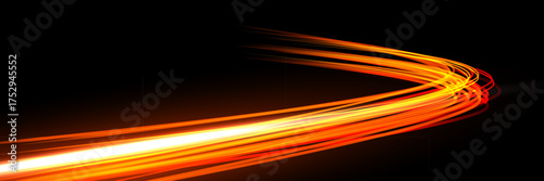 Light speed trail. Curved glowing orange and yellow wave on black background. Dynamic energy lines with motion blur and bright central beam. Futuristic abstract vector illustration.