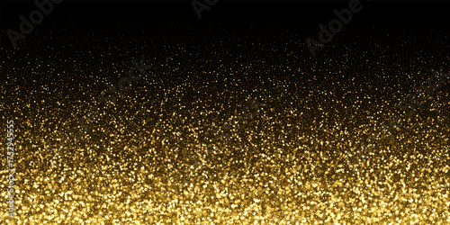 Gold glitter confetti on black background. Shiny glowing particles concentrated at bottom with fading effect toward top. Festive vector illustration for luxury celebration and elegant event design.