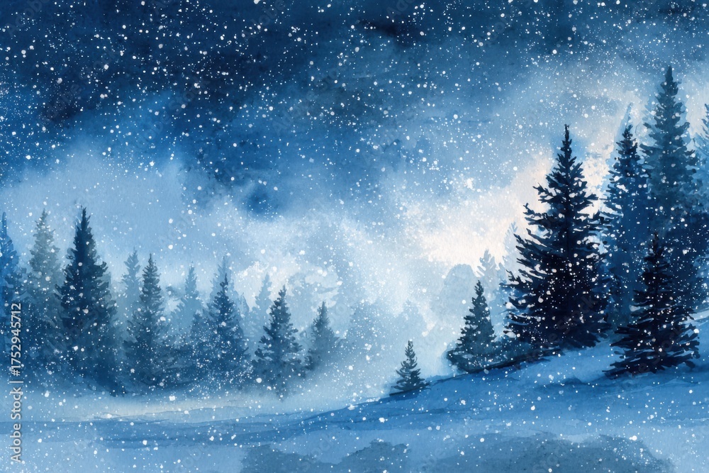 Fototapeta premium A serene winter landscape showcases pine trees blanketed in snow as gentle flakes fall from a dark blue sky. This hand-painted scene captures the tranquil essence of a nighttime Christmas wonderland.