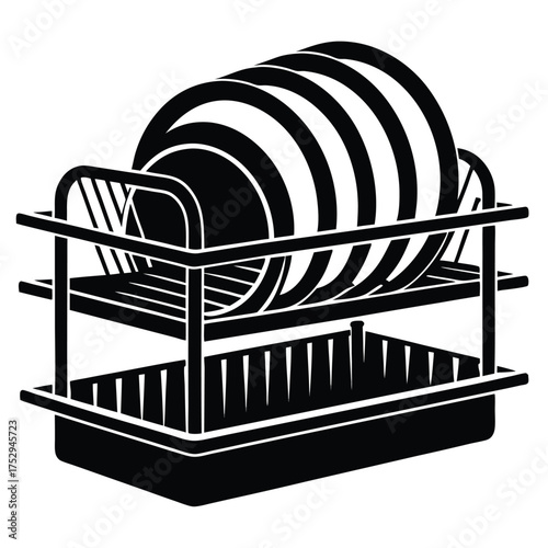 Black metal dish rack shows multiple dinner plates held safely after washing