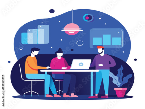 Vector art of teamwork in the office, people working together on project