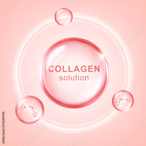 Pink collagen drop with molecular structure. Beauty and skincare concept. Vector illustration