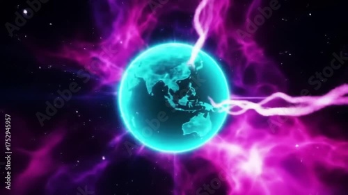 Abstract sphere with energy beams and dynamic purple clouds in space