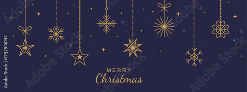 Merry Christmas banner with hanging snowflake in art deco style. Minimalist Christmas gold line blue background.