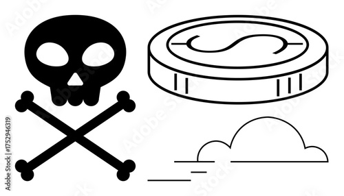 Skull and crossbones, stacked coin with dollar sign, wind cloud imply fleeting monetary issues, risk, loss. Ideal for finance, danger, fraud instability transience warnings economy. Simple flat