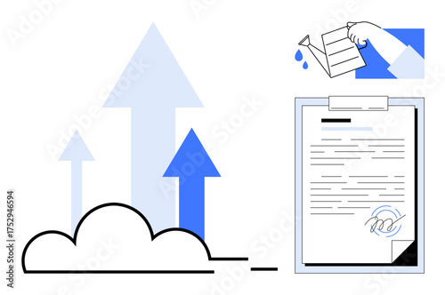 Cloud growth and upward arrows symbolizing progress, a clipboard with signed documents, and a hand watering a plant metaphor. Ideal for business growth, success, partnership, productivity
