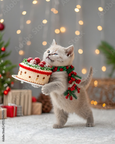 A British kitten, which with a solemn and happy look carries a small birthday cake in its paws.