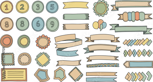 Hand-Drawn Pastel Stickers & Banners Numbered Labels and Decorative Ribbons