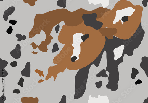 A stylish cow pattern design featuring abstract brown, beige, and black patches on neutral backgrounds. The irregular organic spots create a natural, rustic, and modern artistic look.