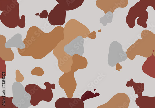 A stylish cow pattern design featuring abstract brown, beige, and black patches on neutral backgrounds. The irregular organic spots create a natural, rustic, and modern artistic look.