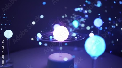 Abstract glowing spheres with particle effects against dark background