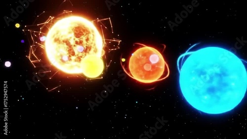 Animated depiction of celestial bodies stars planets and cosmic elements