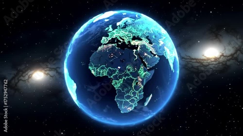 Digital earth globe displaying continents in outer space with nebulae