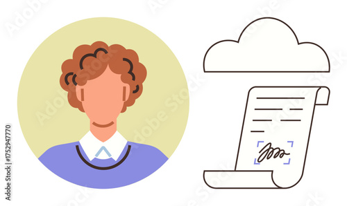 Persons avatar beside digital contract and cloud icon. Ideal for e-signature, remote work, digital identity, data security, technology, online services, legal contracts. Simple flat metaphor