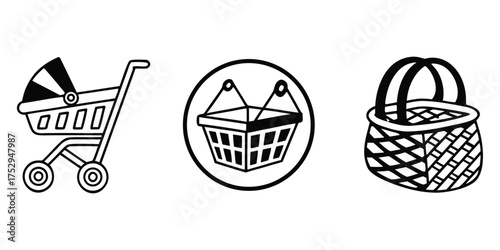 Three different basket shapes baby stroller, shopping, and picnic are shown in black outlines