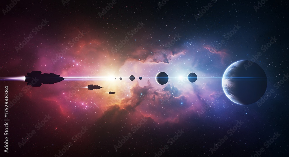 Fototapeta premium Space Travel Scene with Spaceships and Planets in Colorful Nebula