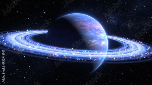 Animated celestial body with rings set against a starry space background