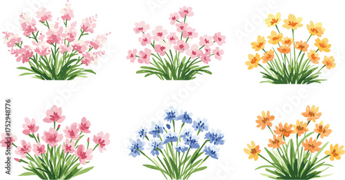 Flowers, colorful blossoms, pink petals, yellow flowers, blue blooms, orange blossoms, garden plants, nature illustration, decorative flora, vibrant bouquet, 