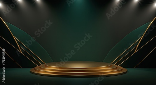 Elegant golden podium stage on a dark green background with spot lights for product presentation