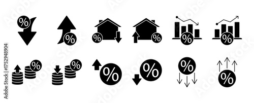 Low and high interest rate icon set. Percentage, growth, decline, mortgage, loan and finance symbols with up and down arrows for banking and economy. Solid vector icons collection.
