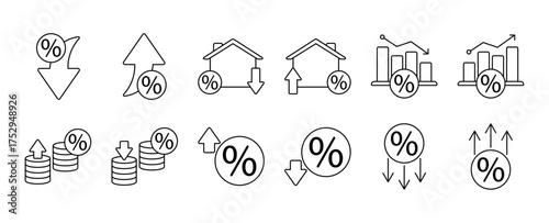 Low and high interest rate icon set. Percentage, growth, decline, mortgage, loan and finance symbols with up and down arrows for banking and economy. Solid vector icons collection.
