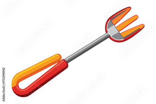 A stylized serving fork with a gray handle and orange and red accents appears