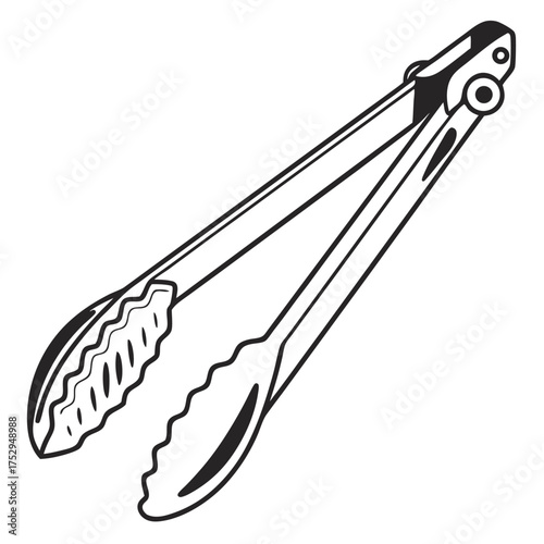 Black outline art presents metal kitchen tongs with gripping ends ready for food handling