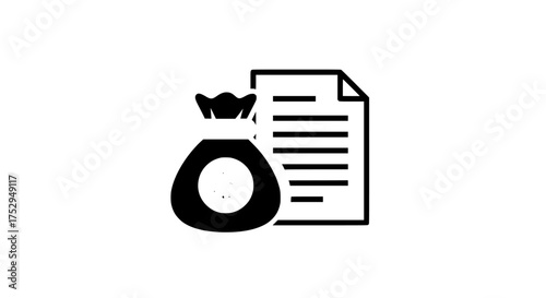 Solid vector icon of a loan agreement with money bag and document symbol.