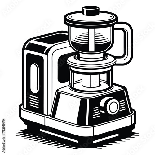 A black and white cutout features a vintage blender with sharp shadows adding depth to the piece