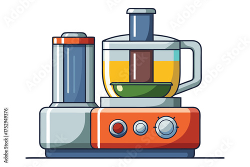 A food processor and juice blender with ingredients are seen in a colorful design