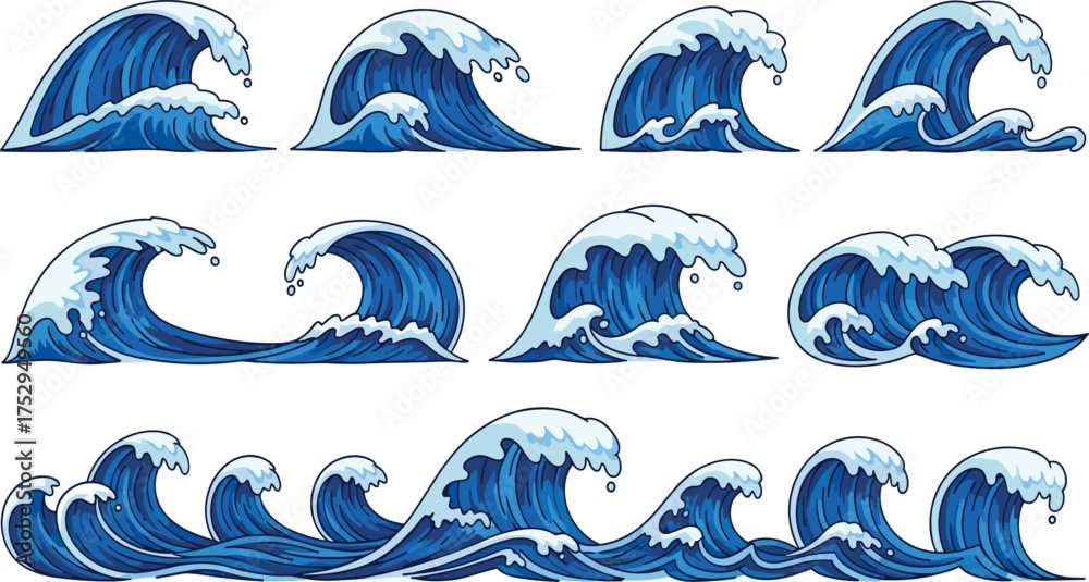 Fototapeta premium A collection of stylized ocean wave illustrations, showcasing powerful sea surf, surging tides, and foaming crests in a vector format