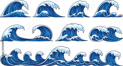A collection of stylized ocean wave illustrations, showcasing powerful sea surf, surging tides, and foaming crests in a vector format