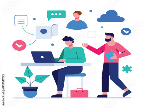 Vector art of a man working on a laptop with his colleague