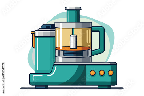 Teal food processor features a bowl, feed tube, handle, and three orange buttons