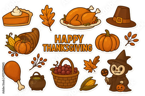set of Happy Thanksgiving stickers with pumpkins, turkey, wine, maple leaf, isolated on white background, PNG vector 