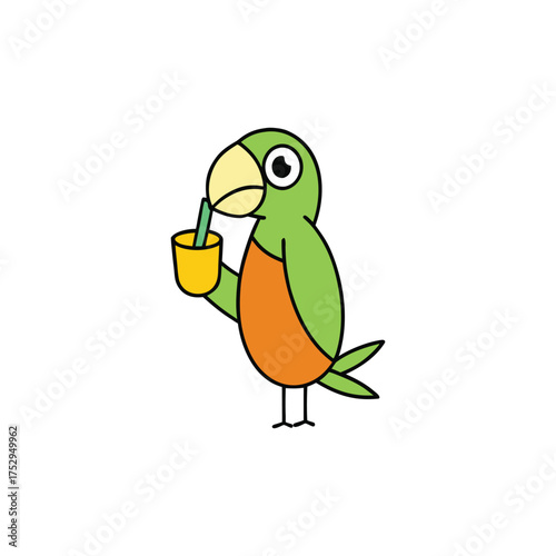  parrot holding a tropical drink with a straw  cartoon on a white background
