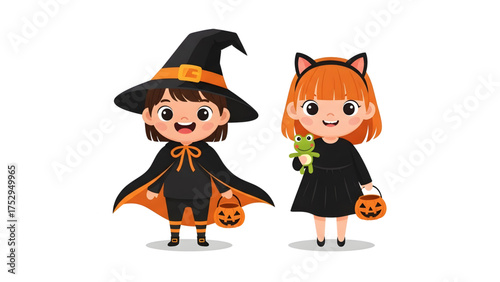 Little Witch and Cat Girl Halloween Costume Vector cartoon halloween character 