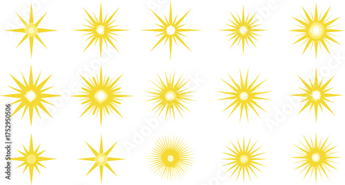 Collection of bright yellow sunburst and starburst elements, perfect for adding a radiant glow to designs, graphics, and digital artwork