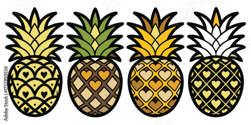 Four cartoon pineapples with various color schemes and heart designs standing side by side
