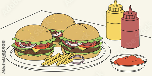 Juicy burgers adorned with fresh vegetables are presented alongside golden fries and condiments