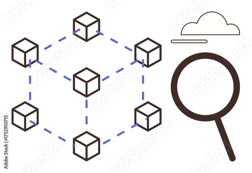 Blocks linked in a network grid, magnifying glass highlighting research or investigation, cloud overhead. Ideal for blockchain, data security, research, analysis, technology, decentralization simple